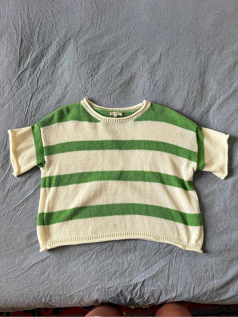 La Miel Short Sleeve Knit Striped Sweater Green & Cream Small